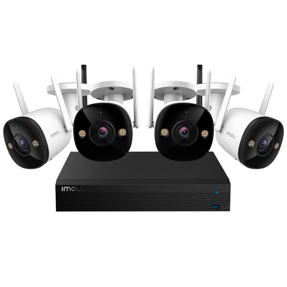 Drahtloses Kit 4 Bullet-Kameras 2 2MP - NVR 4CH / WiFi 2.4 GHz - 2.8mm / IR + Vollfarbe - Zwei-Wege-Audio / Sirene + Blitzlicht